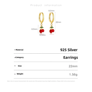 Detail of 925 sterling silver cherry pendant earrings with size and weight specs