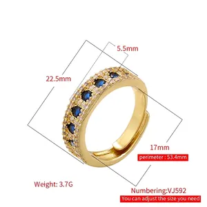 Luxurious 18K gold plated open ring with blue square gemstone and sparkling zircon rows