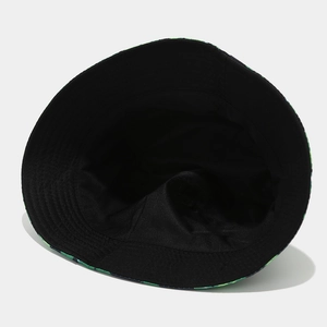 Detailed view of the black inner lining and stitching of the clover bucket hat