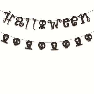 Halloween banner set featuring black glitter letters and skull tombstone cutouts