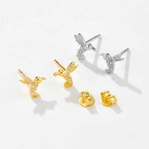 Minimalist 925 sterling silver hummingbird stud earrings with sparkling white cubic zirconia