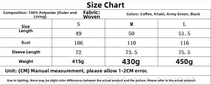 Detailed size chart for double-breasted cropped trench coat with measurements and material info