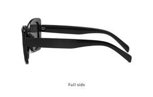 Side view of black butterfly frame sunglasses with glossy finish and wide temples