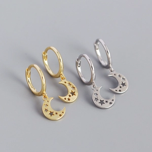 925 Sterling Silver Star Moon Hoop Earrings For Women Minimalist Hollow Crescent Moon Geometric Gold Silver Jewelry Earrings