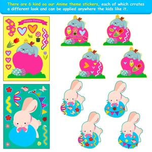 Detail of 6 Easter bunny sticker sheets with colorful eggs and cartoon patterns
