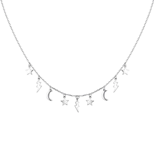 Elegant S925 sterling silver necklace with star and moon charms on white background