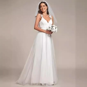 Elegant white A-line wedding dress with deep V-neck, lace appliques and long tulle sleeves