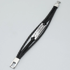 Multilayer braided leather bracelet with engraved stainless steel plate for men