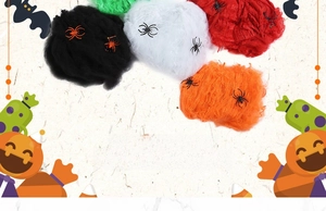 Close-up of colorful Halloween spider web cotton set with small plastic spider props