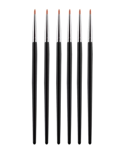 Detailed view of six precision eyeliner brushes with red bristles and black handles