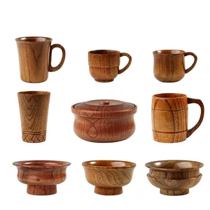 9-piece Nordic style solid wood tableware set featuring natural grain mugs and bowls