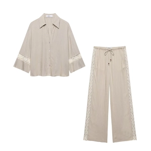Women Casual V Neck Long Sleeve Shirt And Wide Leg Pants Embroidery Lace Patchwork Cotton Linen Feel Streetwear