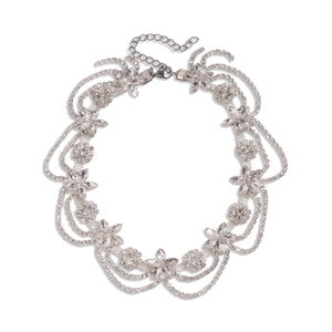 Elegant floral rhinestone choker necklace with layered silver chain and sparkling crystals