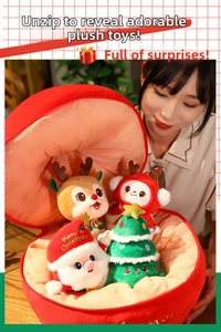 Plush Christmas dolls set including Santa and reindeer inside a red zip bag with embroidery
