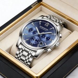Detailed view of silver stainless steel men's watch with blue dial in a premium box
