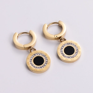 Hoop Earrings For Women 316L Stainless Steel 18K Gold Plated Round Black Enamel Roman Numerals Rhinestone Minimalist