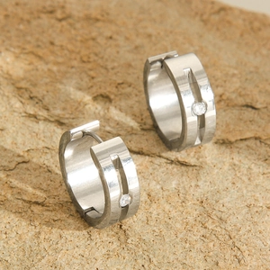 Stainless Steel Huggie Hoop Earrings With Single Cubic Zirconia Minimalist Brushed Silver Tone Trendy Jewelry For Women