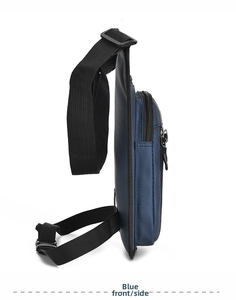 Side view of multi-layer waterproof navy blue waist leg bag with adjustable nylon straps