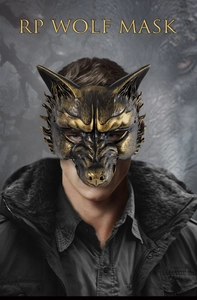 Detailed view of vintage gold and black wolf mask for Halloween role play party