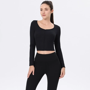 Schwarzes geripptes Langarm-Crop-Top und High-Waist-Yoga-Leggings Set für Damen
