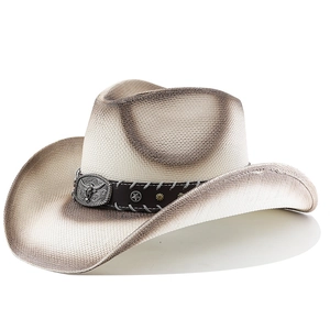 Cappello da cowboy in paglia sfumata marrone con fascia in pelle e testa di toro