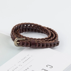 Vintage dark brown braided leather belt with bronze buckle for dresses and jeans