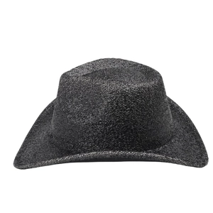 Detailed view of a black woven straw cowboy hat with a wide brim and breathable texture