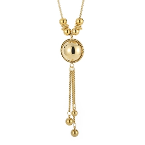 Vintage golden stainless steel necklace featuring a smooth sphere pendant with long chain tassels