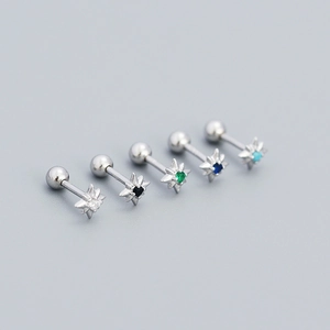 Set of five S925 silver eight-pointed star stud earrings with colorful gemstones