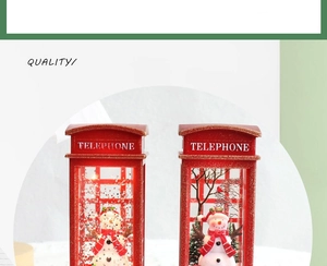 Retro red telephone booth Christmas lantern with snowman scene and warm glowing light