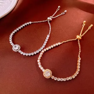 Bracelet Tennis Élégant En Cuivre Avec Strass Halo Rond Fermoir Coulissant Réglable Bijoux Luxe Pour Femmes