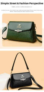 Detail of woven leather crossbody bag featuring a silver flower clasp and golden logo