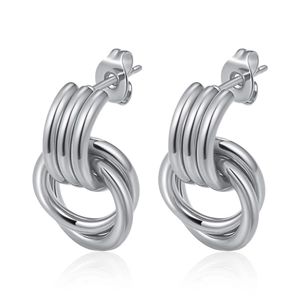 Minimalist silver multi-layered interlocking hoop earrings with metallic finish