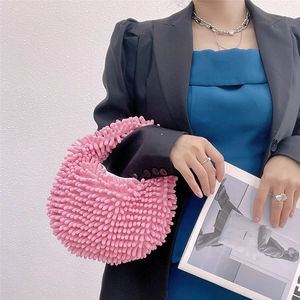 Chic pink chenille plush handbag with candy colors and soft marshmallow texture detail