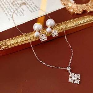 Elegant Flower Zircon Imitation Artificial Pearl Necklace And Earrings With Silver Earring Post Vintage Style Jewelry For Women