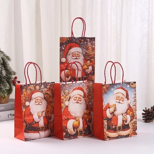 Vintage Christmas Santa Claus Kraft Paper Gift Bags With Handles Holiday Party Shopping Tote Red Printed Paper Bags For Presents