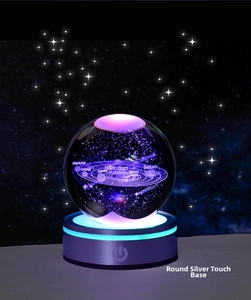 Detail of 3D laser engraved solar system inside crystal ball with silver touch base