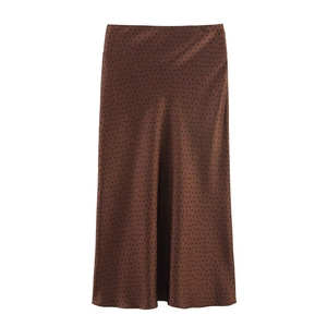 Brown satin midi skirt with black polka dot pattern and smooth silky texture finish