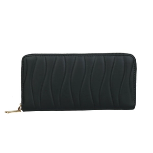 Black long wallet for women with vertical wave pattern texture and gold zipper