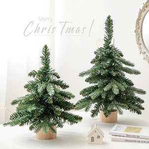 Artificial Mini Christmas Tree With LED Lights PE Needles Wood Base Wreath Garland Desktop Decoration Holiday Ornament