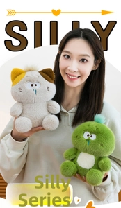 Funny plush turtle and cat toys with unique blue snot detail shown with a model