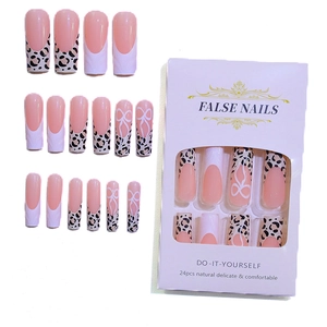 French style 24pcs pink leopard print fake nails with white bow and long square design