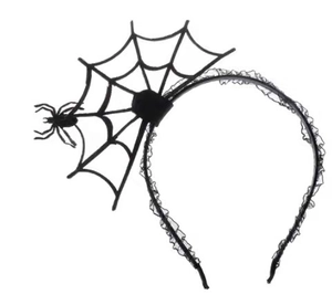 Detail of Halloween headband featuring black lace pleats and a small spider on spiderweb mesh