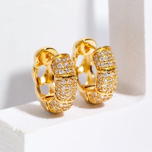 Hip Hop Unisex Copper Bamboo Joint Pave Zirconia Hoop Earrings 18K Gold Silver Plated Geometric Jewelry For Men Women Daily Decor