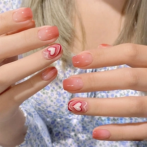 Pink Gradient Press On Nails Heart Pattern Glossy Full Cover ABS Plastic False Nails Detachable Square Round For Women