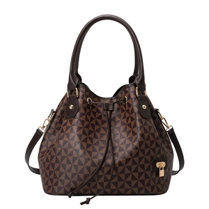 Women Vintage Geometric Triangle Print PU Leather Bucket Bag Large Capacity Drawstring Handbag Shoulder Crossbody Bag Gold Padlock