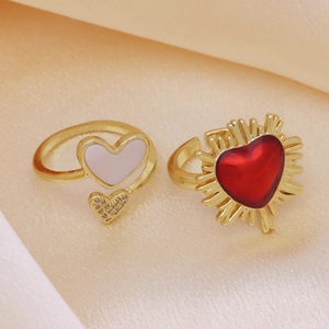 18k gold plated open rings set with pink shell heart and red enamel sunburst design