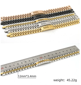 Detail view of 12mm stainless steel watch bands in gold and silver showing 3.4mm thickness