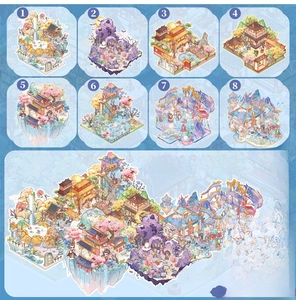 Detailed view of 24pcs mythical scenery stickers with 16 PVC and 8 cardstock items