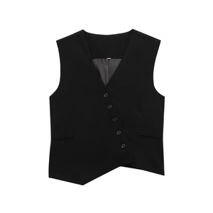 Detail of black asymmetrical vest with deep V-neck and diagonal five-button closure